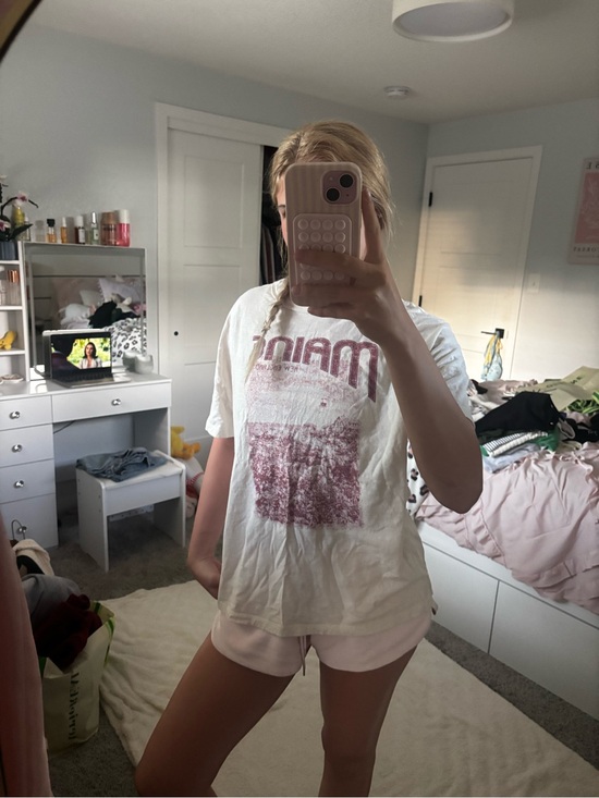 aerie Tops - aerie White Short Sleeve Graphic Tee with Pink Print